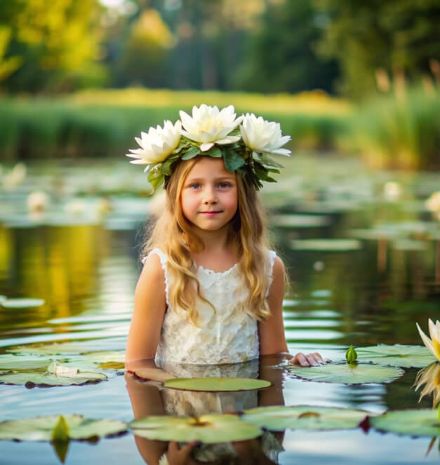 Фотография девочки в пруду с кувшинками